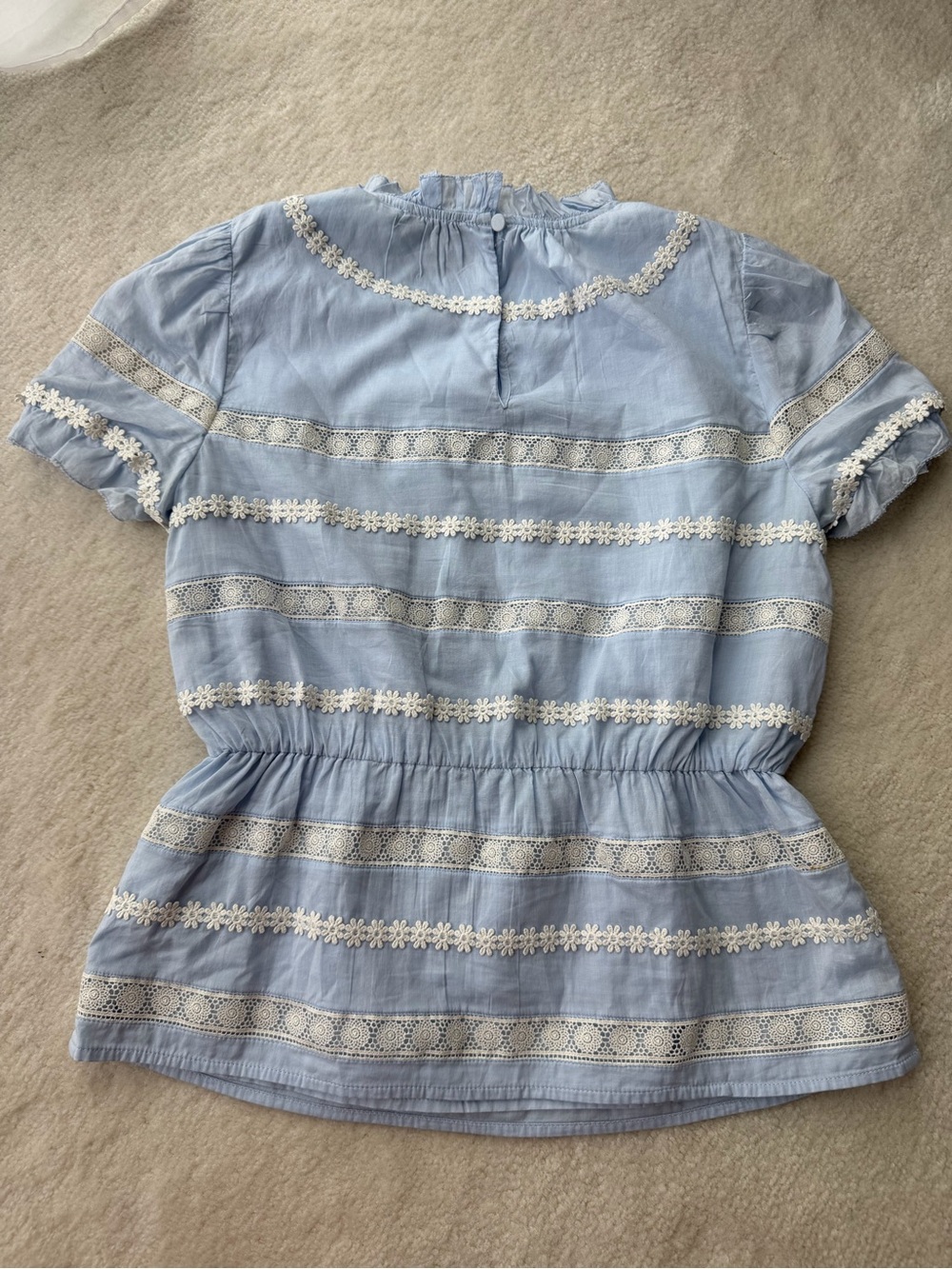 J. Crew Light Blue Lace Trim Ruffle Neck Peplum Top - Picture 3 of 6